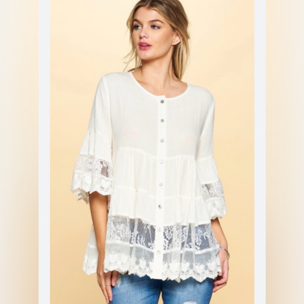 Oddi White Lace Tunic Blouse Boho Tiered Bell Sleeve Button Down Plus Size 1X